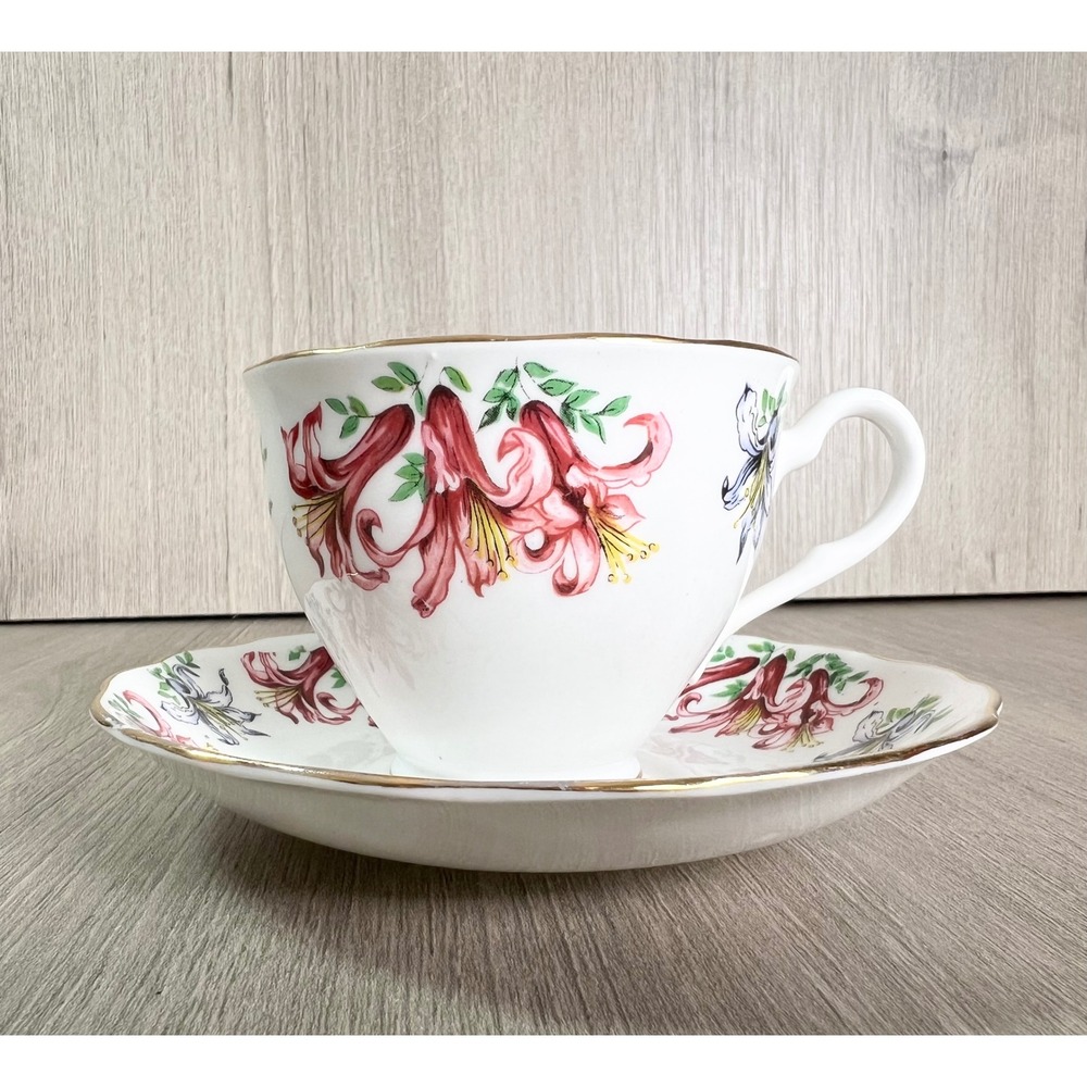 Colclough Bone China Tea Cup and Saucer Set Red Blue Lily Floral Made in England